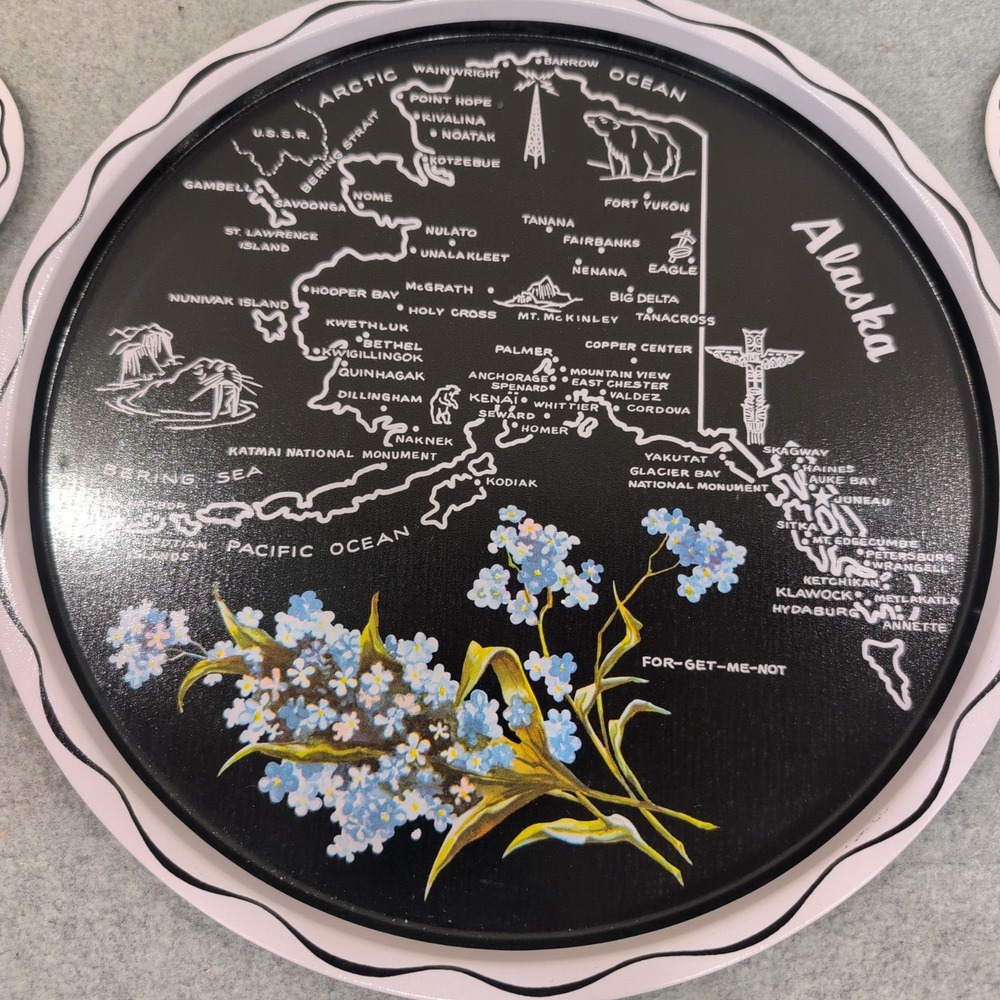 Vintage Alaska State Map Metal Serving Tray and Coaster Set Forget-Me-Not 7pc - Picture 2 of 5